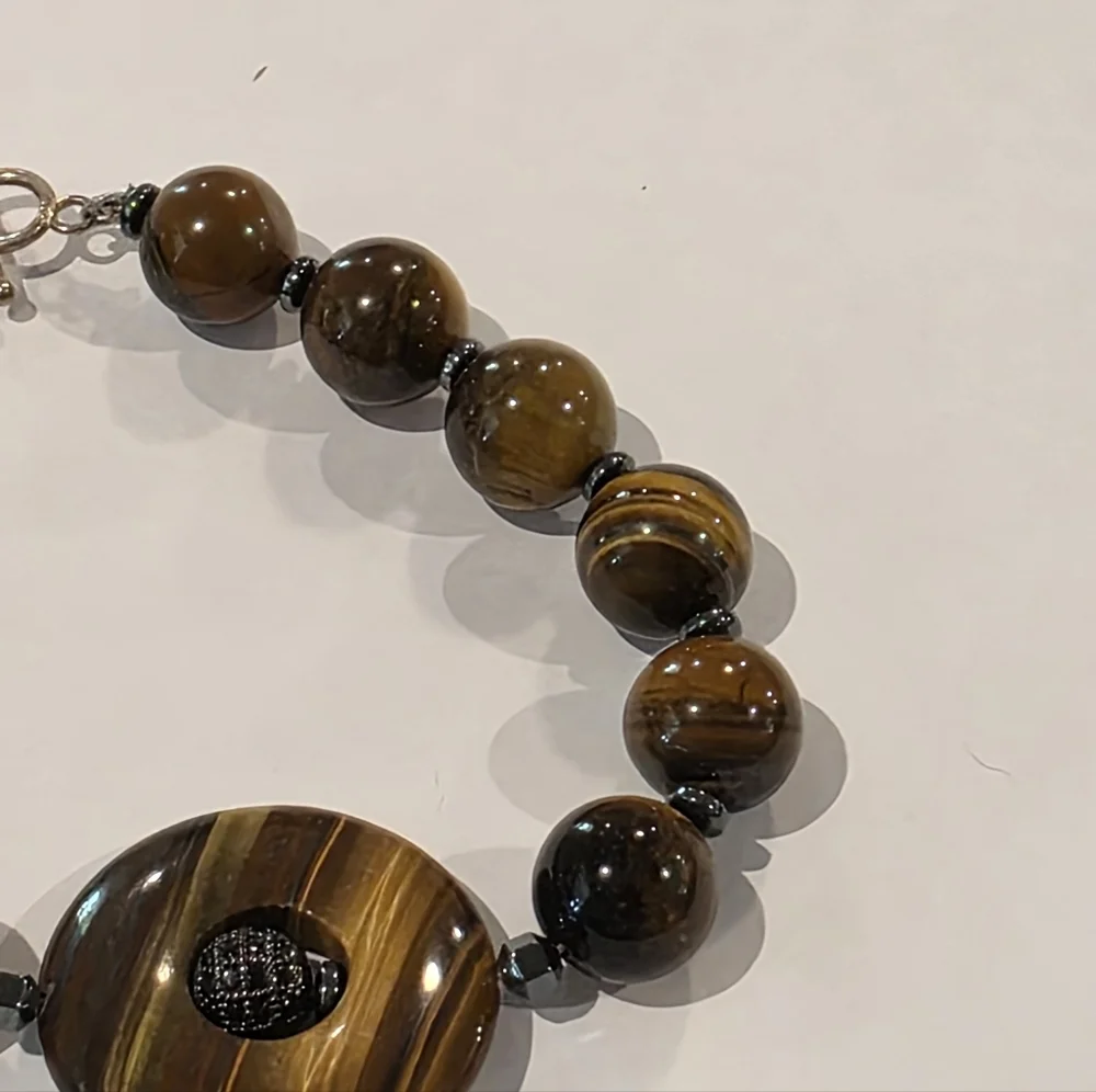 Tiger Eye Stone Beaded Bracelet with Round Centerpiece‎ Statement Jewelry